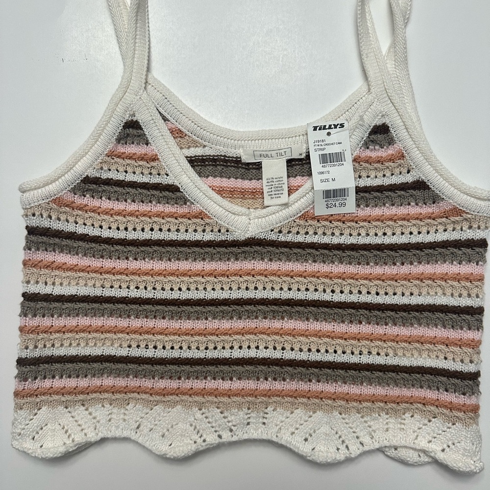 Full Tilt Striped Knit Cropped Tank — White, Pink, Brown